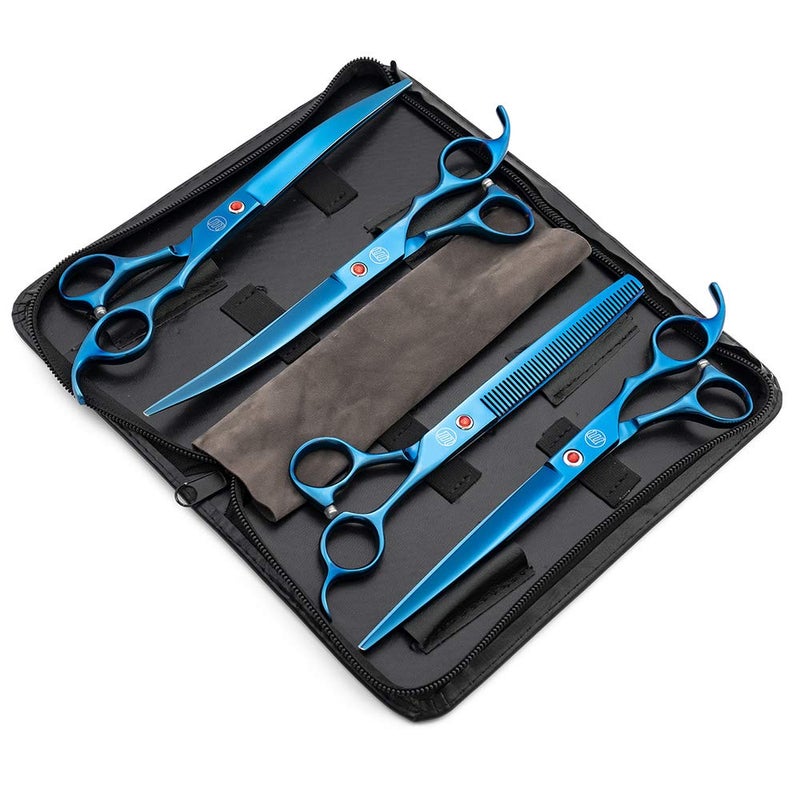 Moontay Professional 8.0" Dog Grooming Scissors Set, 4-pieces Straight, Upward Curved, Downward Curved, Thinning/Blending Shears for Dog, Cat and Pets, JP Stainless Steel, Blue - Image 2